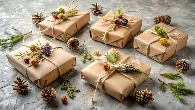 Photo of a collection of five rustic christmas gifts wrapped in brown paper and tied with twine, adorned with pinecones and fir branches, arranged on a textured surface
