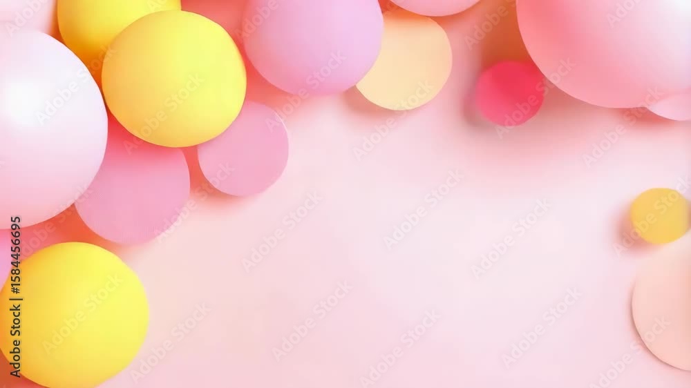 Poster pastel colored spheres and circles move across a light pink background with soft light creating a ge