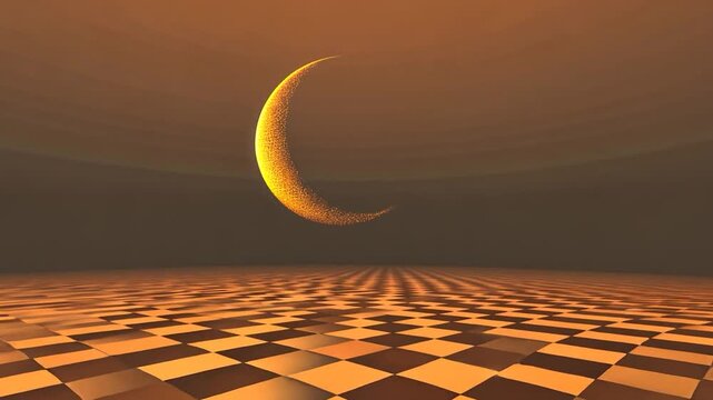 Golden crescent moon over a checkered plain