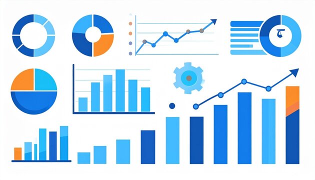 A collection of business graph icons and charts illustrating financial growth, market data, and success concepts