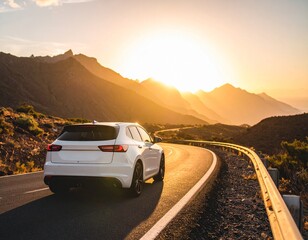 A car journeys on an empty desert highway, winding through a scenic mountain landscape under a vast sky