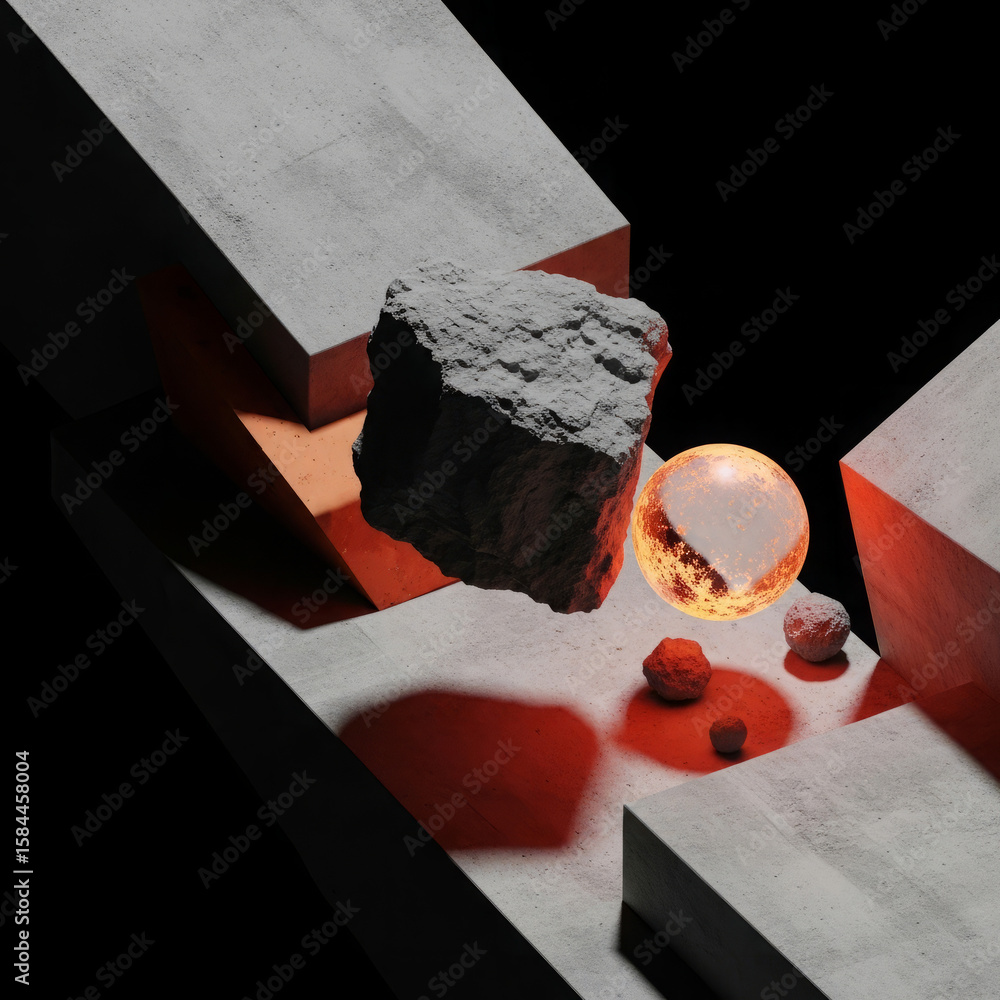 Fototapete abstract composition of grey concrete blocks and a floating rock, illuminated by orange-red light, w