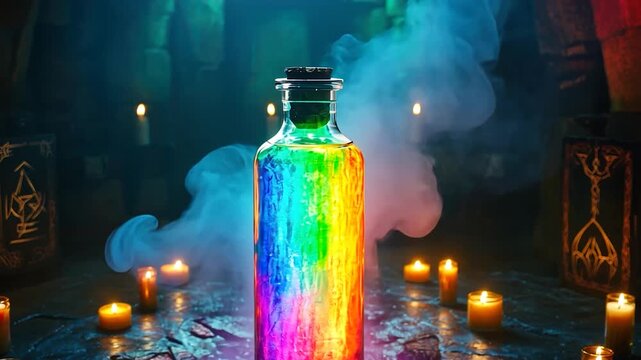 Mystical potion bottle in a dark, enchanted setting