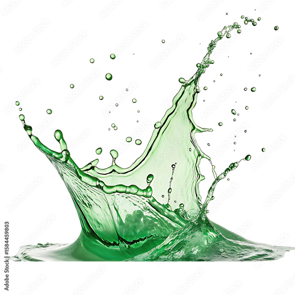 Poster dynamic green liquid splash with droplets isolated on transparent background