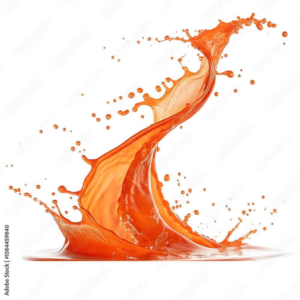 Poster dynamic orange juice splash with droplets isolated on transparent background