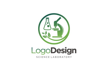 Green science lab logo design. Microscope and flask, round of plant tree green leaves. Vector illustration.