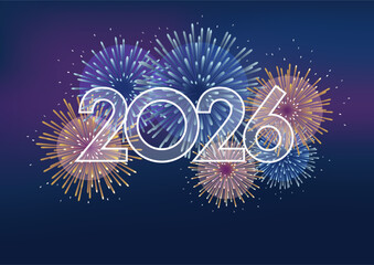 The Year 2026 Symbol Logo And Celebratory Fireworks Vector Background Illustration With Text Space.