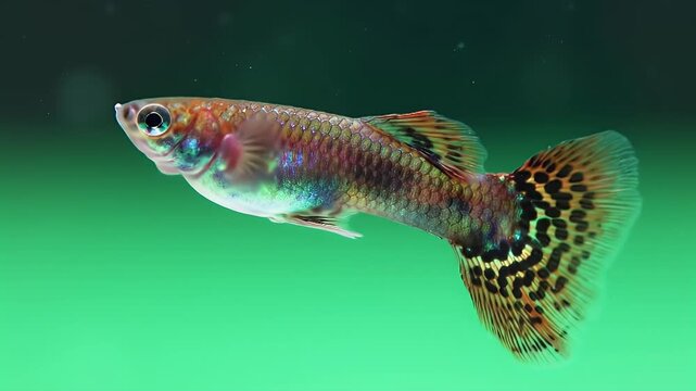 Vibrant Male Guppy Fish with Ornate Tail Pattern and Iridescent Scales Swimming in Clear Green Water
