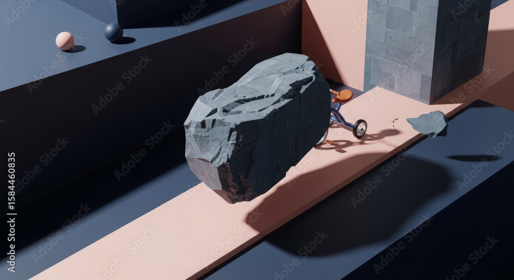 Poster a miniature figure navigates a path amidst abstract geometric shapes, with a large rock seemingly ob