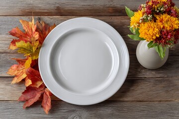 Autumn table setting with white plate and fall flowers