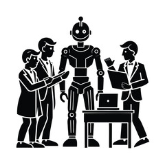 Flat Vector Of Humanoid Robot Collaborating With Human Engineers vector silhouette on white background