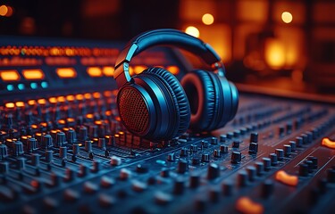 Headphones mockup on sound mixing console with glowing lights

