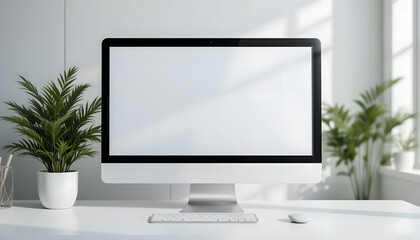 Fototapeta premium A sleek white computer monitor stands next to a vibrant green plant, creating a modern and refreshing workspace.