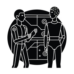 Line Art Of Human And AI Collaborating On Digital Screen Projects vector silhouette on white background