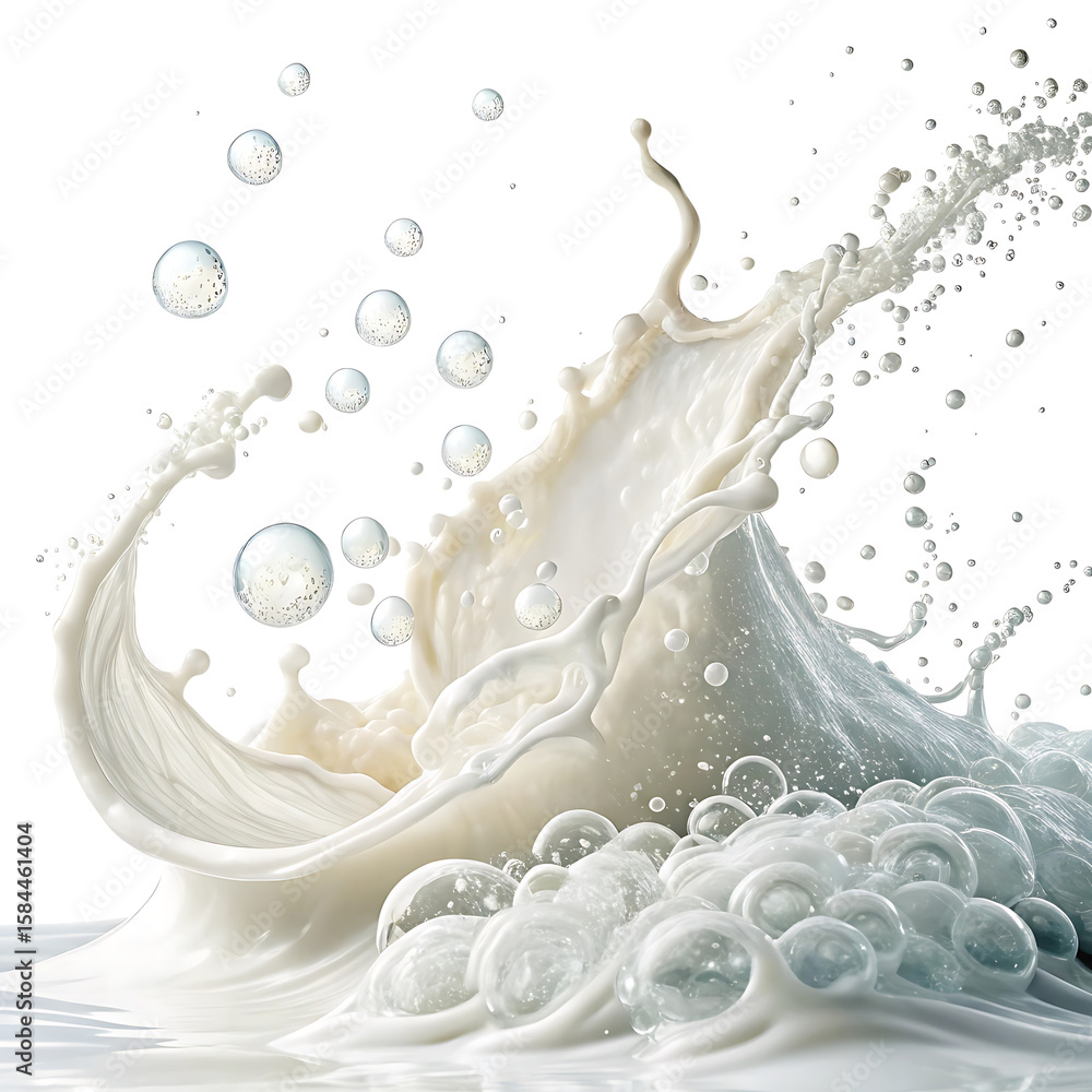 Poster dynamic splash of creamy white liquid with bubbles isolated on transparent background