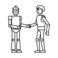 Robot And Human Handshake Symbolizing Unity Between AI And Humans vector line art on white background