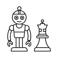 Robot Using Machine Learning To Play Strategic Chess And Improve Skills vector line art on white background
