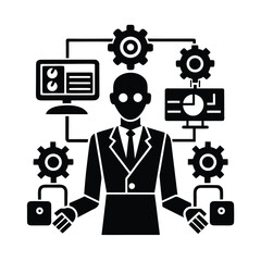 Robotic Process Automation Managing Office Tasks With Smart Efficiency vector silhouette on white background