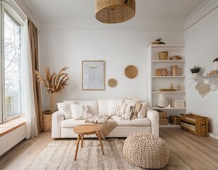 Scandinavian family room with white walls, light wood furniture, minimalist decor, and soft woven throws