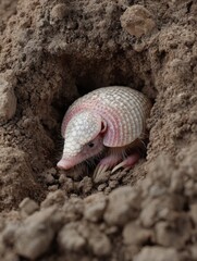 Obraz premium Pink Fairy Armadillo Partially Buried in Soft Earth, Showcasing Unique Texture and Colors, in Its Natural Habitat During Daylight Hours