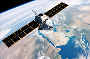 Fototapeta premium A futuristic spaceship orbits Earth, a lone electric guitar floating nearby, ready to play a cosmic melody
