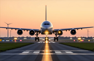 Commercial jets gracefully land on the runway at sunset, highlighting the beauty of aviation travel