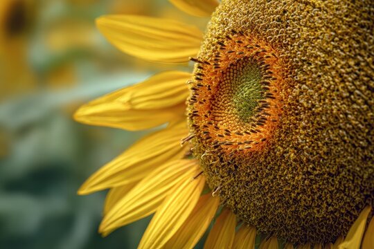 Sunflower with yellow bloom agriculture renewable energy pollen hot summer Italy
