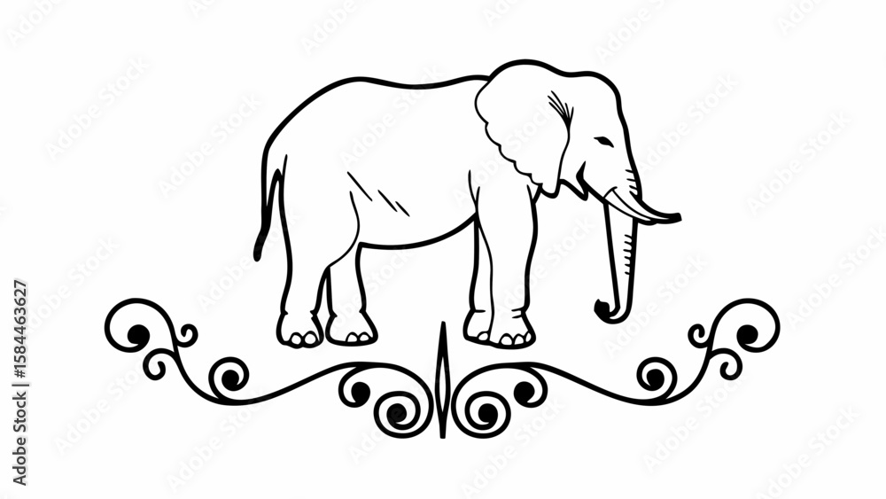 Poster elephant outline above a decorative swirl element in black and white simple vector design is shown c