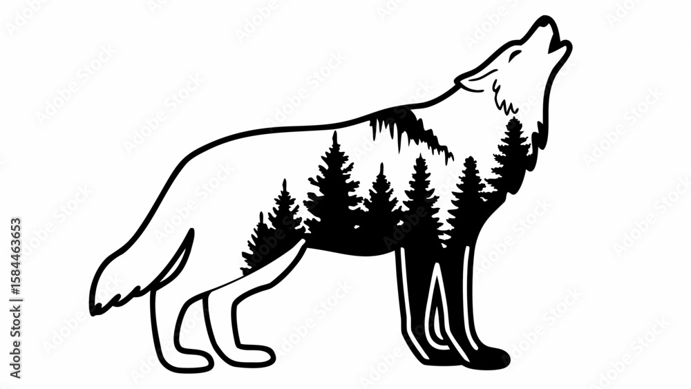 Aufkleber silhouette of a howling wolf filled with a forest of pine trees in black and white design created wi