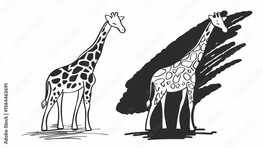 Poster two giraffes standing side by side one with a shadow and one without on a white background art creat