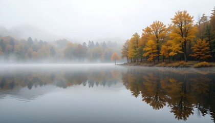 Fototapeta premium Autumn Trees Reflected in Misty Lake Waters