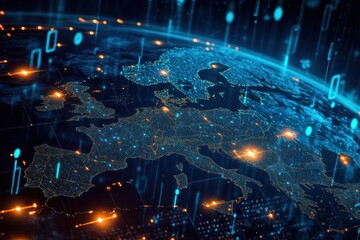 Digital finance theme, Earth with crypto nodes and streaming numbers, Europe highlighted