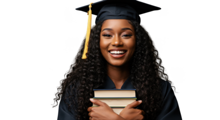 A joyful graduate woman holding books isolated on transparent background