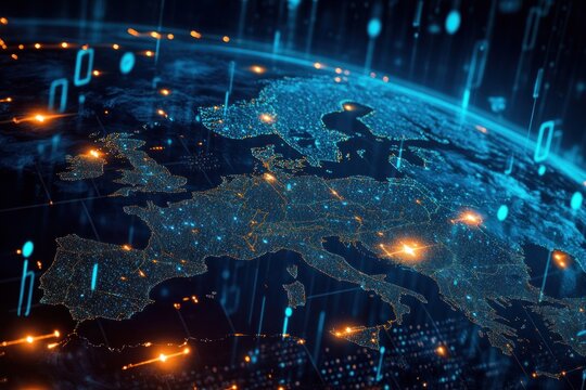 Digital finance theme, Earth with crypto nodes and streaming numbers, Europe highlighted