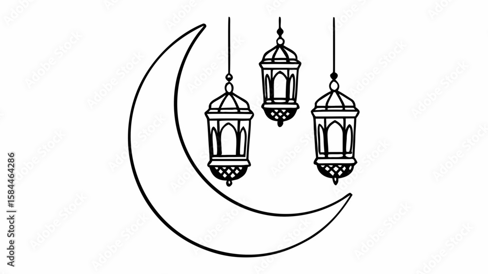 Poster crescent moon with three hanging lanterns in black outline drawing illustration vector design elemen