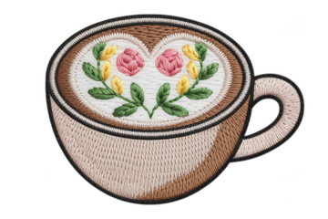 Embroidered coffee cup with floral heart embroidered patch