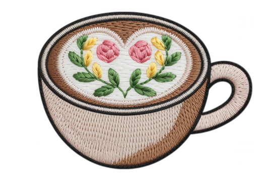 Embroidered coffee cup with floral heart embroidered patch