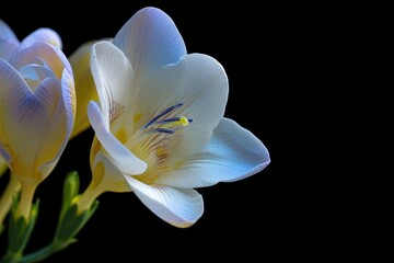 Fragile freesia bloom against dark backdrop