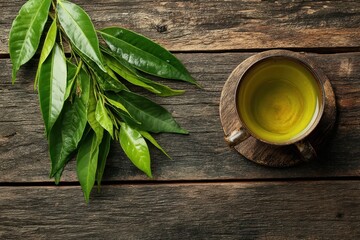 Fototapeta premium Fragrant green tea and leaves on a wooden table