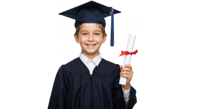 A smiling boy in graduation cap and gown holds a diploma isolated on transparent background