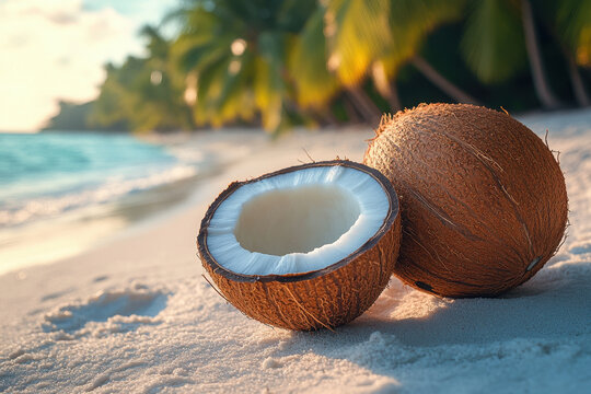 Coconut on sandy beach, surrounded by seashells.