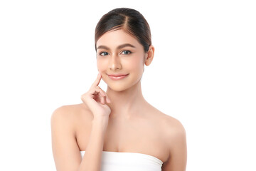 A beautiful young Asian woman with clean, fresh skin against a white background. Skincare, facial...