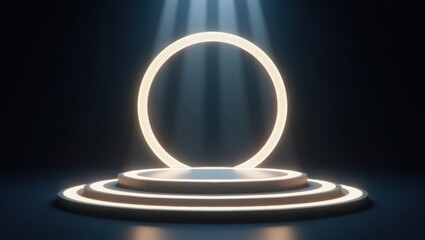 A futuristic circular podium illuminated by glowing ring lights and overhead beams, creating a dramatic, sci-fi inspired showcase scene.