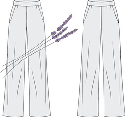 Women’s Wide Leg Trousers Flat Sketch, Front and Back View with Lavender Accent, Fashion Vector Template for Designers and Illustrators