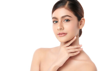 A beautiful young Asian woman with clean, fresh skin against a white background. Skincare, facial...