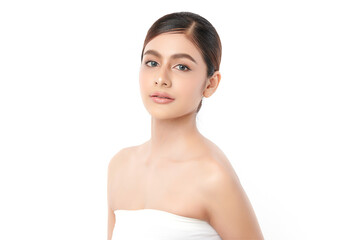A beautiful young Asian woman with clean, fresh skin against a white background. Skincare, facial...
