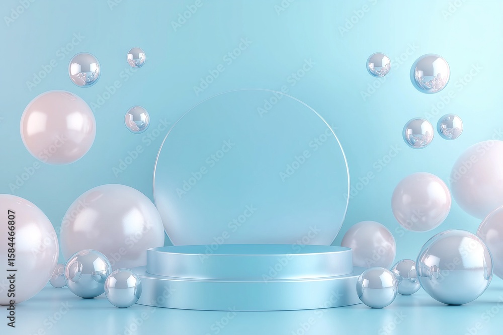 Aufkleber abstract minimalist blue pastel background with empty podium and floating spheres for elegant produc