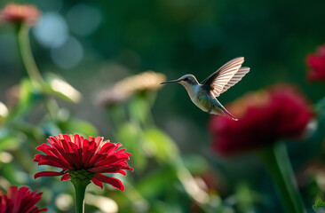 Photo of a hummingbird flying near a zinnia flower, with a green background and blurred edges