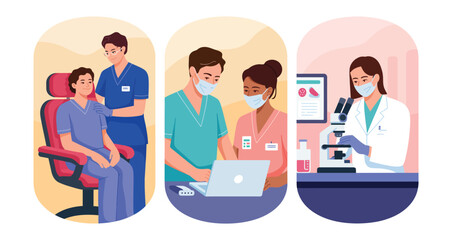 Healthcare-themed triptych showing doctor-patient interaction, medical team consultation, and lab research scene with microscope and test tube on clean background