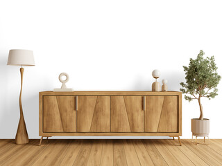 Contemporary Wooden Sideboard with Sculptural Lamps and Indoor Tree - PNG Cutout Scene with Shadow